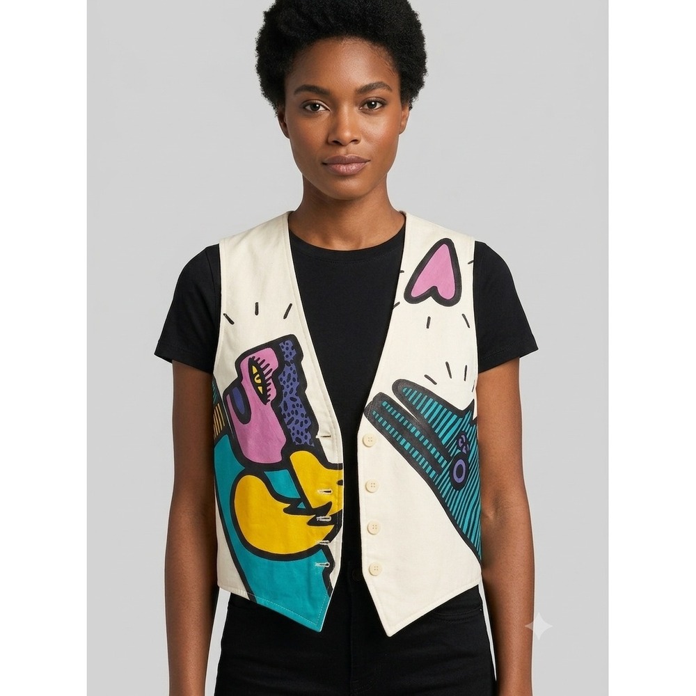 Primitive Hip Art Vest Womens Small Cream Hand Painted Abstract Pop Art Graphic